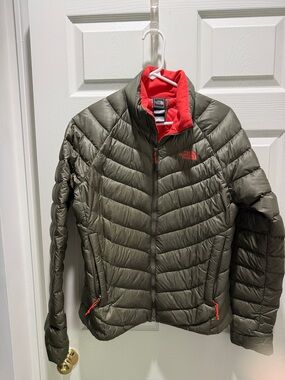 The North Face Olive Green Puffer Jacket with Red Interior